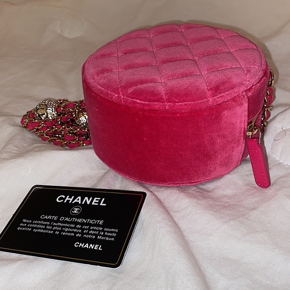 CHANEL Velvet Round Quilted Pearl Clutch with Pink Leather Adjustable Strap - Picture 7 of 8